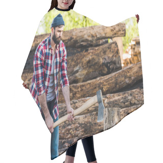 Personality  Bearded Lumberjack In Checkered Shirt Chopping Log At Sawmill  Hair Cutting Cape