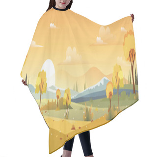 Personality  Panorama Landscapes Of Countryside In Autumn,Mid Autumn With Farm Field, Mountains, Wild Grass And Leaves Falling From Trees With Blue Sky And Yellow Foliage.Fall Season With Copy Space For Banner Hair Cutting Cape