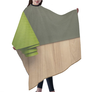 Personality  Top View Of Green Yoga Mat On Wooden Brown Floor Hair Cutting Cape