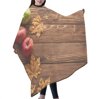 Personality  Top View Of Small Pumpkin And Apples On Brown Wooden Surface With Dried Autumn Leaves Hair Cutting Cape