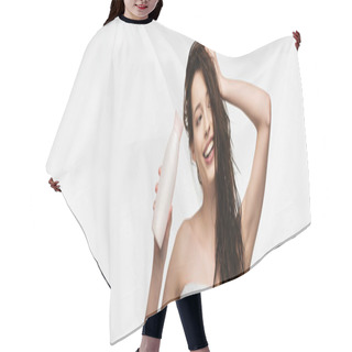 Personality  Panoramic Shot Of Smiling Girl Touching Clean Hair While Holding Shampoo Isolated On White Hair Cutting Cape