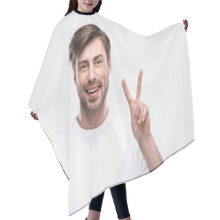 Personality  Man Showing Victory Sign Hair Cutting Cape