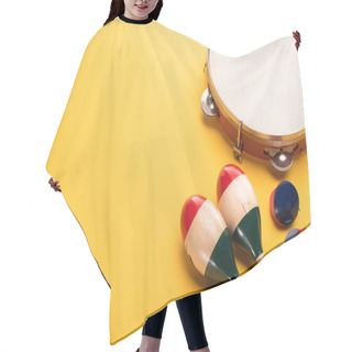 Personality  Wooden Colorful Maracas With Tambourine And Castanets On Yellow Background Hair Cutting Cape