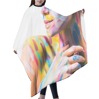 Personality  Cropped Image Of Girl With Colorful Bright Body Art Touching Neck Isolated On White  Hair Cutting Cape