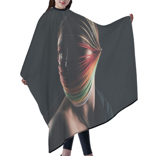 Personality  Woman With Colored Quilling Paper On Head Looking Away Isolated On Black Hair Cutting Cape