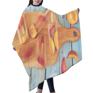 Personality  Peach Iced Tea Popsicles, On Paddle Board Against Rustic Blue Wood Hair Cutting Cape