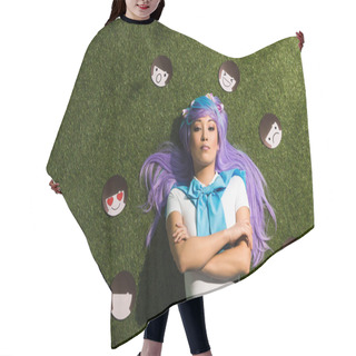Personality  Asian Anime Girl In Purple Wig With Emoticons Lying On Grass Hair Cutting Cape