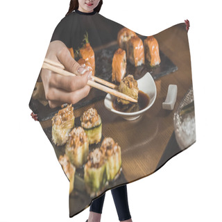 Personality  Partial View Of Woman Dipping Sushi In Soy Sauce With Chopsticks Hair Cutting Cape