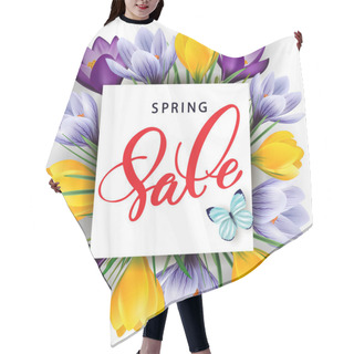 Personality  Spring Sale Concept. Spring Background With Flowering Crocuses.Template Vector. Hair Cutting Cape
