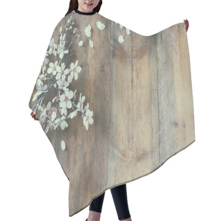 Personality  Image Of Spring White Cherry Blossoms Tree On Wooden Table. Vintage Filtered And Toned Hair Cutting Cape