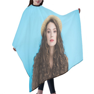 Personality  Beautiful Young Woman In Canotier Hat On Long Curly Hair Isolated On Blue Hair Cutting Cape