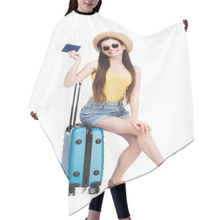 Personality  Pretty Smiling Girl With Passport, Air Ticket Sitting On Travel Bag, Isolated On White  Hair Cutting Cape