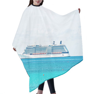Personality  Ocean Liner Ship In Sea On Blue Sky. Water Transport, Vessel, Transportation. Vacation, Wanderlust, Travel. Adventure, Discovery, Journey. Hair Cutting Cape