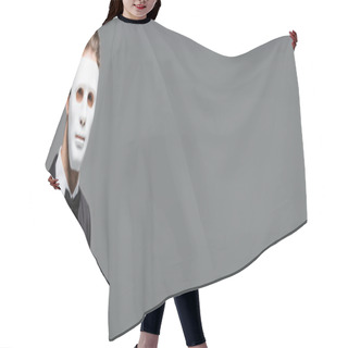 Personality  Businessman In Face Mask Looking At Camera Isolated On Grey, Banner Hair Cutting Cape