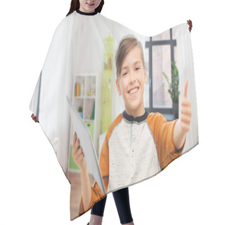 Personality  Smiling Boy With Tablet Showing Thumbs Up At Home Hair Cutting Cape