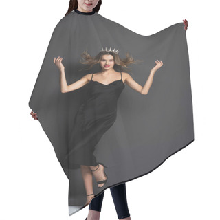 Personality  Full Length Of Elegant Woman In Black Slip Dress And Tiara On Grey Hair Cutting Cape