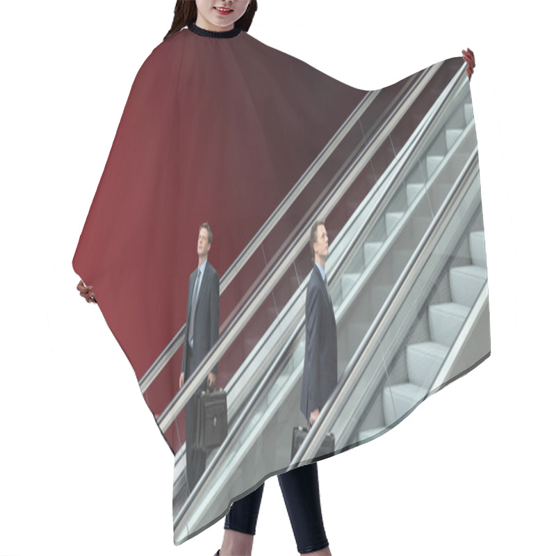 Personality  Business Man Going Up And Down Escalators, Concept Of Success Hair Cutting Cape