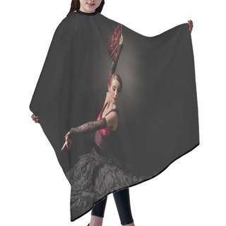 Personality  Young Flamenco Dancer Holding Fan While Sitting On Black Hair Cutting Cape