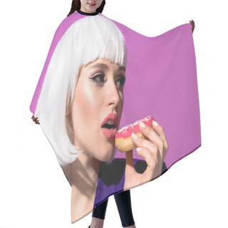 Personality  Pretty Girl In White Wig Eating Doughnut On Purple Background Hair Cutting Cape