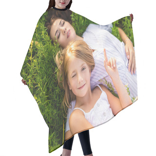Personality  Happy Mother And Daughter Relaxing While Lying In Flowery Meadow Hair Cutting Cape