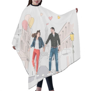 Personality  Creative Hand Drawn Collage With Couple Walking By Paris Street Hair Cutting Cape