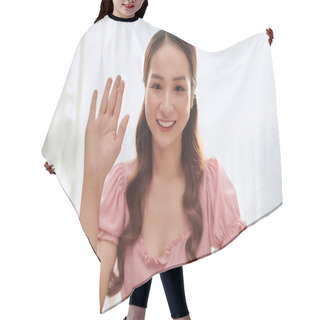 Personality  Portrait Of Young Asian Woman Blogger At Home Hair Cutting Cape