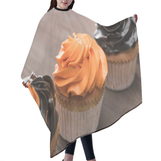 Personality  Delicious Halloween Black And Orange Cupcakes On Wooden Table Hair Cutting Cape