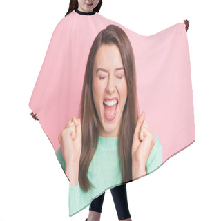 Personality  Photo Portrait Of Amazed Cheerful Young Brunette Gesturing Like Winner With Closed Eyes Yelling Isolated On Pastel Pink Color Background Hair Cutting Cape