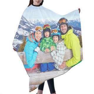 Personality  Family Enjoying Winter Vacations. Hair Cutting Cape