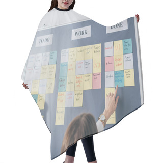 Personality  Back View Of Scrum Master Pointing With Finger At Write Regression Testing Letters On Sticky Note Hair Cutting Cape