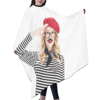 Personality  Serious Woman In Glasses And Red Beret With Fake Mustache Isolated On White  Hair Cutting Cape