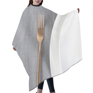 Personality  Top View Of Arranged Tarnished Old Fashioned Fork And Empty Plates On Tabletop Hair Cutting Cape
