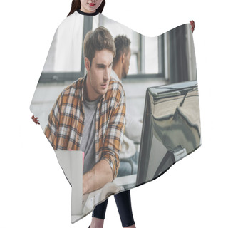 Personality  Selective Focus Of Thoughtful Programmer Working Near African American Colleague In Office Hair Cutting Cape