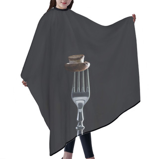 Personality  Raw Champignon Mushroom On Fork Isolated On Black Hair Cutting Cape