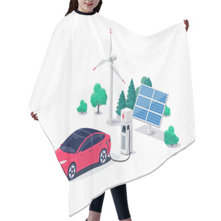 Personality  Electric Car Charging On Parking Lot Area With Fast Supercharger Station Stall. Vehicle On Renewable Smart Solar Panel Wind Power Station Electricity Network Grid. Isolated Flat Vector Illustration. Hair Cutting Cape