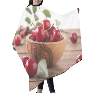 Personality  Ripe Cherries In A Wooden Bowl On The Background Hair Cutting Cape