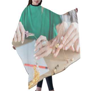 Personality  Cropped Shot Of Women Making Accessories Of Beads Hair Cutting Cape