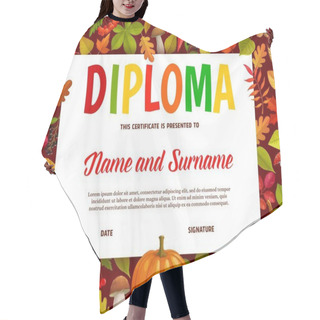 Personality  Kids Diploma With Thanksgiving Butternut Pumpkin, Mushrooms, Acorn And Autumn Leaves. Vector Education School Certificate With Cartoon Fall Season Plants. Graduate Award Frame Template, Student Trophy Hair Cutting Cape