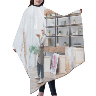 Personality  Full Length View Of Muslim Woman In Apron Standing With Palette Near Easel  Hair Cutting Cape