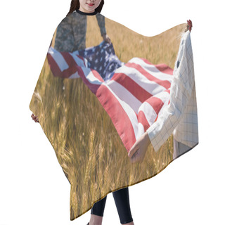 Personality  Cropped View Of Kid And Military Man Holding American Flag  Hair Cutting Cape