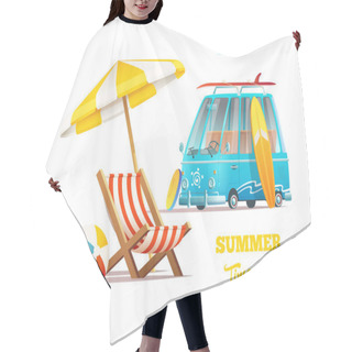 Personality  Summer Time Concept. Surfers Van And Lounger With Umbrella Hair Cutting Cape