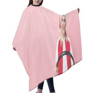 Personality  Positive Woman In Santa Hat Holding Steering Wheel Isolated On Pink, Banner  Hair Cutting Cape