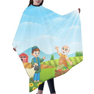 Personality  Vector Illustration Of The Farmers Happy Talking About The Farm On Hill Hair Cutting Cape