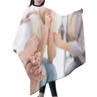 Personality  Cropped View Of Man With Folded Hands During Group Therapy Session Hair Cutting Cape