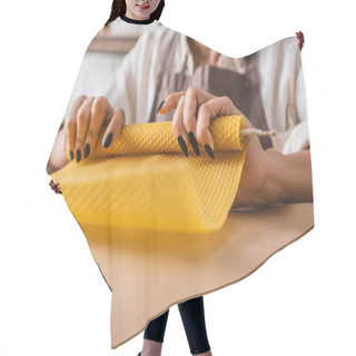 Personality  Partial View Of Blurred African American Woman Making Candle And Rolling Wax Sheet In Craft Workshop Hair Cutting Cape
