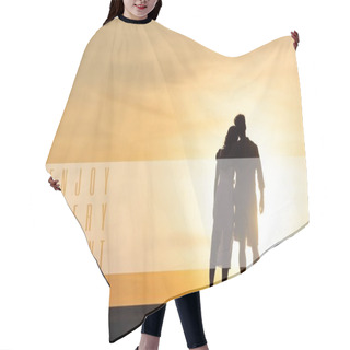 Personality  Silhouettes Of Man And Woman Hugging On Beach Against Sun During Sunset, Enjoy Every Moment Illustration Hair Cutting Cape
