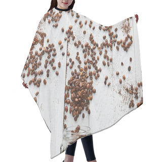 Personality  Coffee Beans Scattered On White Wooden Surface With Glass Jar Hair Cutting Cape