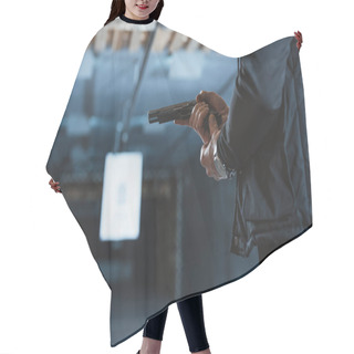 Personality  Cropped Image Of Man Putting Magazine Into Gun Hair Cutting Cape