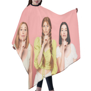 Personality  Body Positive Women Showing Secret Gesture Isolated On Pink  Hair Cutting Cape