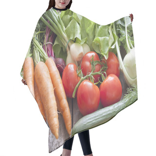 Personality  Many Fresh Spring Organic Vegetables On Planks Gardening Concept Hair Cutting Cape